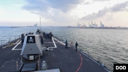 The Arleigh Burke-class guided-missile destroyer USS Kidd arrives off the coast of India in preparation for Malabar 2017, a series of exercises between the Indian Navy, Japan Maritime Self Defense Force and U.S. Navy. (U.S. Navy photo by Jacob M. Milham)