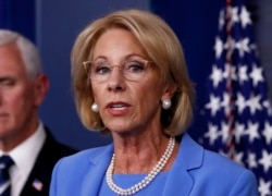 FILE - Education Secretary Betsy DeVos speaks in the James Brady Press Briefing Room, March 27, 2020, in Washington.