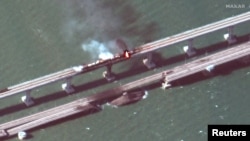 A satellite image shows the Kerch bridge in the Kerch Strait
