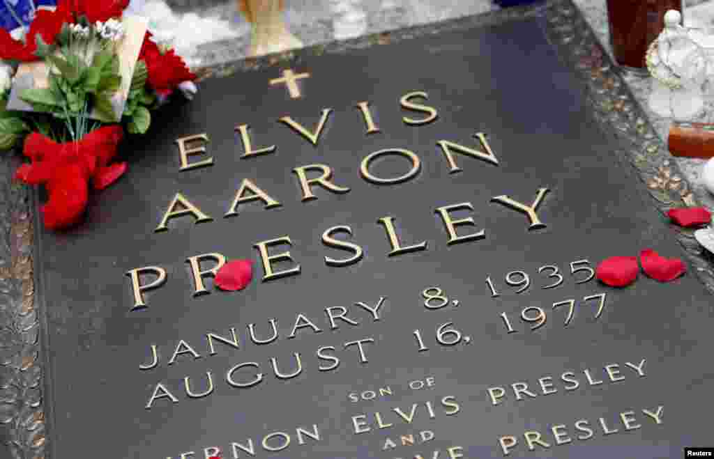 Petals fall on the grave marker of Elvis during the 75th birthday celebration for Elvis Presley in the meditation garden in Graceland in Memphis, Tennessee January 8, 2010.