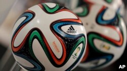 The adidas logo is printed on "Brazuca", the official FIFA World Cup 2014 soccer ball.