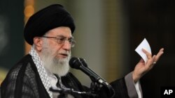 FILE - In this picture released by the official website of the office of the Iranian supreme leader, Supreme Leader Ayatollah Ali Khamenei delivers a speech during a meeting in Tehran, Aug. 17, 2015.