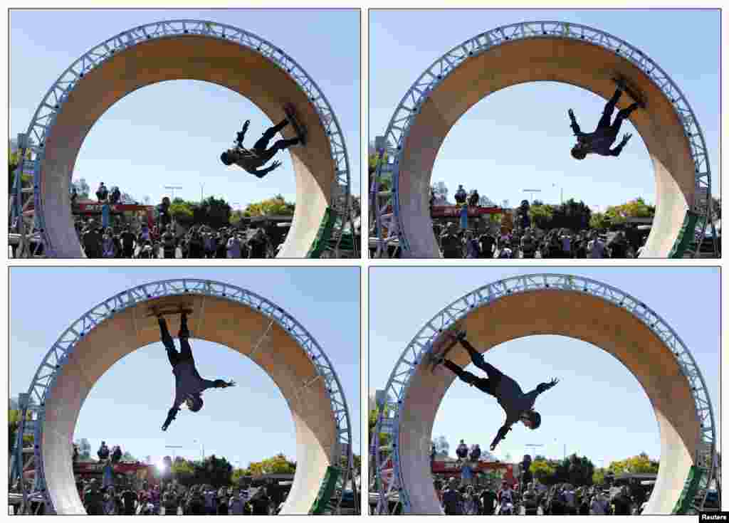 Kombinasi empat gambar menunjukkan pemain skateboard AS, Aaron Homoki menyelesaikan usahanya menaiki loop skateboard setinggi 4,6 meter di Vista, California.