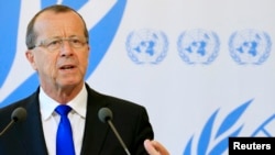 FILE - Martin Kobler, head of the U.N. Support Mission in Libya, talks to reporters after speaking at the United Nations in Geneva, Sept. 27, 2016.