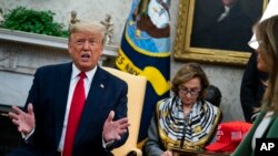 President Donald Trump speaks during a meeting with Ecuadorian President Lenin Moreno in the Oval Office of the White House, Feb. 12, 2020.