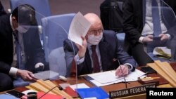 Ambasaderi w'Uburusiya muri ONU Vasily Nebenzya mu kanama kajejwe umutekano i New York City, kw'itariki ya 31/01/2022