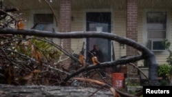 Un residente observa un árbol caído frente a su casa en Lake Charles, Luisiana, al paso del huracán Delta, el 9 de octubre de 2020.