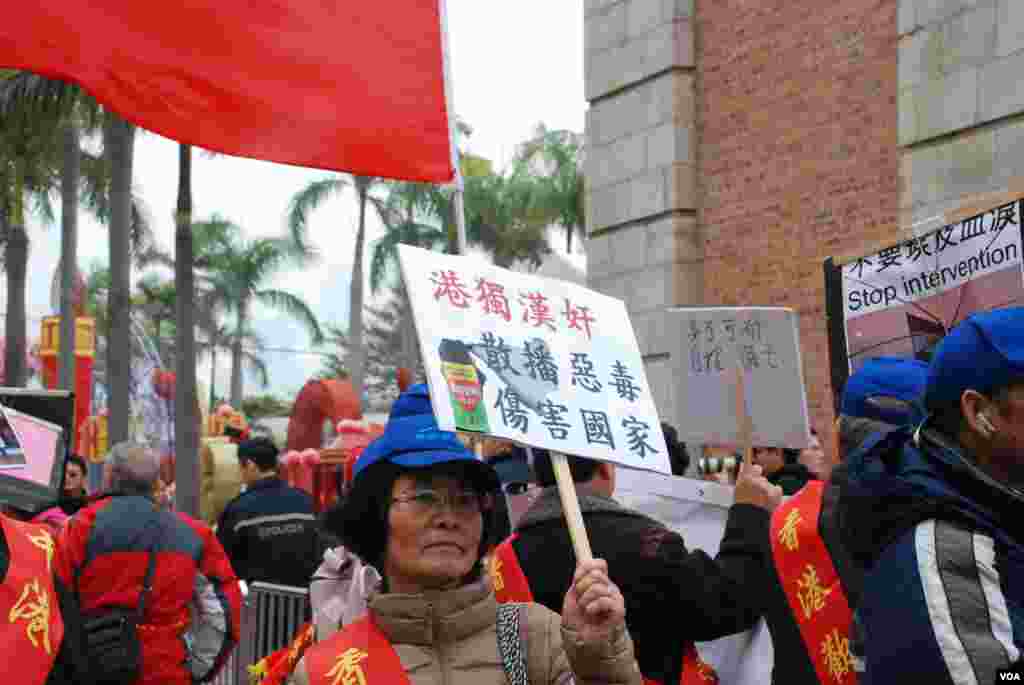歡迎大陸自由行的集會人士,高舉標語形容驅蝗遊行人士是港獨份子