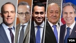 از راست وزرای خارجه آمریکا، فرانسه، ایتالیا، آلمان و بریتانیا