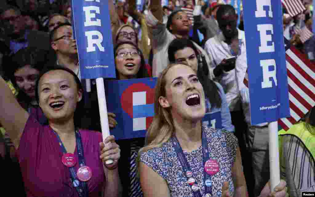Female delegates cheer as Democratic presidential nominee Hillary Clinton accepts the nomination on the fourth and final night at the Democratic National Convention in Philadelphia, Pennsylvania, July 28, 2016.