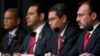 De izquierda a derecha: vicepresidente de El Salvador, Oscar Ortiz, presidente guatemalteco Jimmy Morales, presidente de Honduras Juan Orlando Hernandez y secretario de Relaciones Exteriores de México, Luis Videgaray, en la Conferencia sobre Prosperidad y Seguridad en Centroamérica, el 15 de junio de 2017, en Miami. (Foto AP / Wilfredo Lee). La segunda Conferencia sobre Prosperidad y Seguridad en Centroamérica se realiza en Washington el 11 y 12 de octubre de 2018.