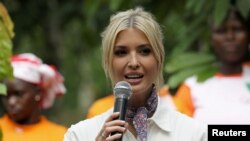 White House Advisor Ivanka Trump talks to women entrepreneurs, at the demonstration cocoa farm in Adzope, Ivory Coast, April 17, 2019. 