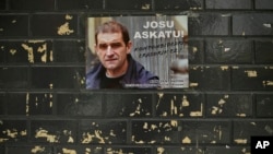 A poster with the face of Basque separatist militant Josu Ternera is seen on a wall in his home town of Ugao-Miraballes, Spain, May 16, 2019. 