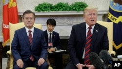 美国总统川普在白宫会晤韩国总统文在寅。（2018年5月23日）