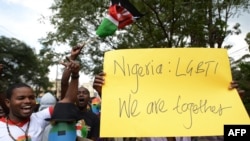 FILE - Kenyan gay and lesbian organisations demonstrate outside the Nigerian High Commission in Nairobi on February 7, 2014.