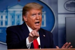 President Donald Trump speaks about the coronavirus in the James Brady Press Briefing Room at the White House, April 13, 2020, in Washington.