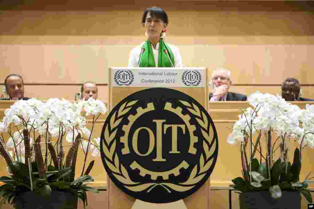 Burma's pro-democracy leader Aung San Suu Kyi delivers a speech during the last day of the 101st session of the International Labor Conference of the International Labor Organization in Geneva, Switzerland, June 14, 2012.