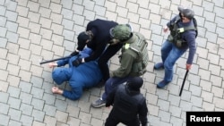 Sejumlah orang yang diduga petugas penegak hukum Belarus menahan seorang pria dalam demonstrasi menentang hasil pilpres di Minsk, Belarus, Minggu, 8 November 2020. 