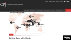 Izgled sajta Komiteta za zaštitu novinara (CPJ) na kome je prikazana karta svijeta sa elementima Indeksa o globalnom nekažnjavanju 2019. Na karti se vide tačke na kojima su novinari ubijani, a njihove ubice slobodne, 29. oktobra 2019.
