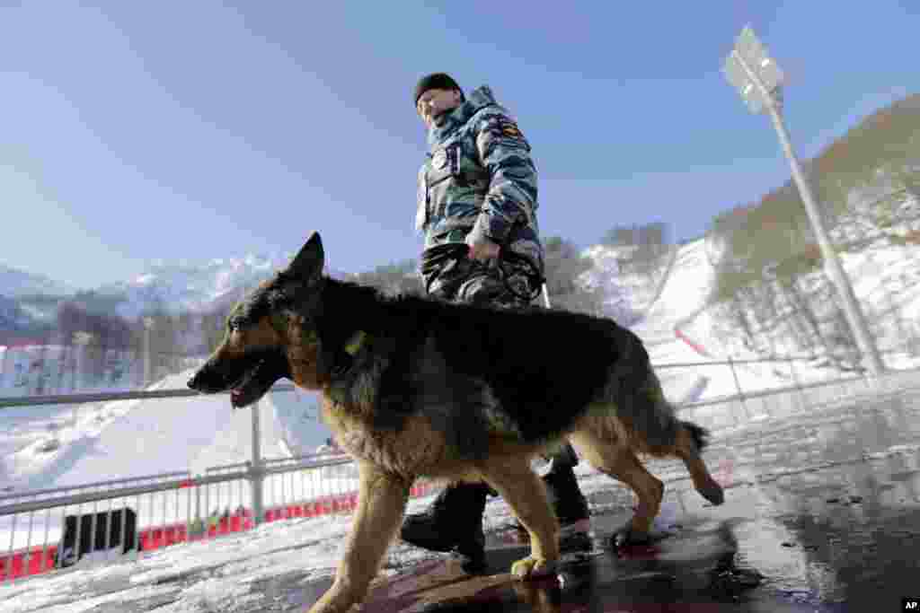 俄羅斯安全部隊警官帶著警犬在滑雪場終點附近巡邏。