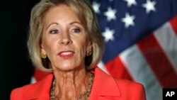 Education Secretary Betsy DeVos speaks about campus sexual assault and enforcement of Title IX, the federal law that bars discrimination in education on the basis of gender, Sept. 7, 2017, at George Mason University Arlington, Va., campus.