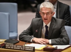 FILE - Mark Lowcock, the U.N. Humanitarian Affairs Emergency and Relief Coordinator, speaks at U.N. headquarters, Oct. 23, 2018.