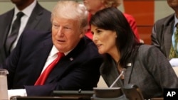 El presidente Donald Trump habla con la embajadora Nikki Haley antes de una reunión durante la Asamblea General de la ONU.