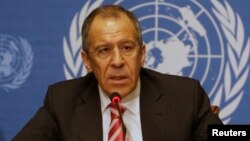 Russian Foreign Minister Sergey Lavrov talks to the press at the disarmament conference at the United Nations in Geneva, Switzerland, on March 7, 2009. 
