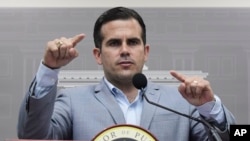 FILE - Puerto Rico Gov. Ricardo Rossello speaks during a press conference in San Juan, Puerto Rico, Aug. 28, 2018. 