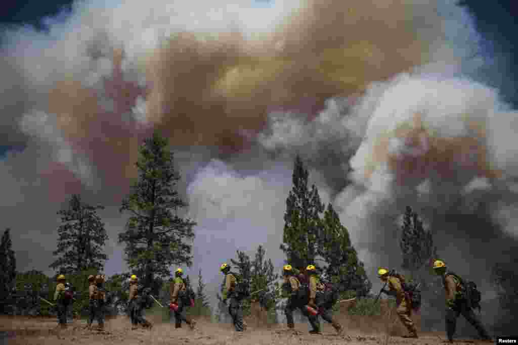 Regu pemadam kebakaran Los Angeles berjalan di jalur api kebakaran di dekat Groveland, California, USA, 22 Agustus 2013. Menurut pengawas hutan, kebakaran mengamuk di luar kendali di dekat Taman Nasional Yosemite di California Utara itu telah meluas menjadi hampir 54.000 hektar, lebih dari tiga kali lipat wilayah dari hari sebelumnya.