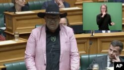 In this image from video, Indigenous New Zealand lawmaker Rawiri Waititi speaks in Parliament in Wellington, New Zealand, May 12, 2021.