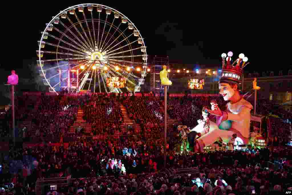 The king's float parade is seen during the Nice carnival parade in Nice, France, Feb. 26, 2019. The 135th carnival runs Feb. 16 - March 2, 2019 and celebrates this year the "King of Cinema."