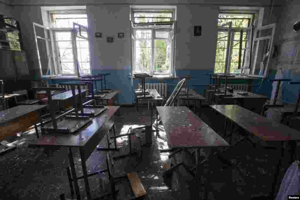 A view of a classroom of school No.57 damaged by recent shelling in Donetsk, eastern Ukraine, Oct. 1, 2014.