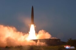 A view of North Korea's missile launch Thursday, in this undated picture released by North Korea's Central News Agency, July 26, 2019.