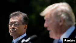 韩国总统文在寅在访问美国时与美国总统川普在白宫玫瑰园发表一项联合声明。（2017年6月30日）