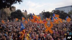 Thousands of secession supporters march during a demonstration in Barcelona, Spain, Oct. 1, 2019.