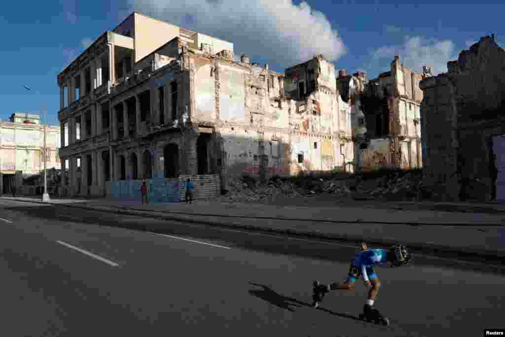 A child competes during the World Skate Marathon Tour along Havana's Malecon, Cuba, Dec. 8, 2024.