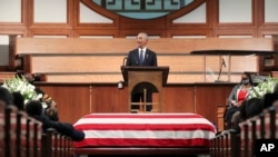 Former President Barack Obama addresses the service during the funeral for the late Rep. John Lewis, D-Ga., at Ebenezer Baptist Church in Atlanta, July 30, 2020.