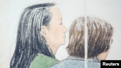 멍완저우 화웨이 최고 재무책임자가 캐나다 브리티시 컬럼비아 법원에서 보석여부를 두고 심리를 받고 있는 모습. 그림제공=Jane Wolsak 