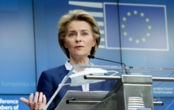 European Commission President Ursula von der Leyen speaks during a media conference after an EU summit, in video conference format, at the European Council in Brussels, Belgium, June 19, 2020.