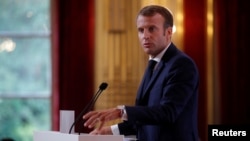 French President Emmanuel Macron delivers a speech during the annual French ambassadors' conference at the Elysee Palace in Paris, France, Aug. 27, 2018.