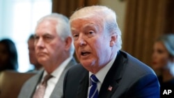 Menlu AS Rex Tillerson mendampingi Presiden Donald Trump dalam pertemuan kabinet di Gedung Putih, Washington, 20 November 2017. (Foto: dok).