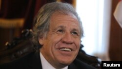 FILE - Organization of American States (OAS) Secretary General Luis Almagro attends a meeting with Peru's President of Congress Luis Galarreta in Lima, Peru, Feb. 9, 2018.