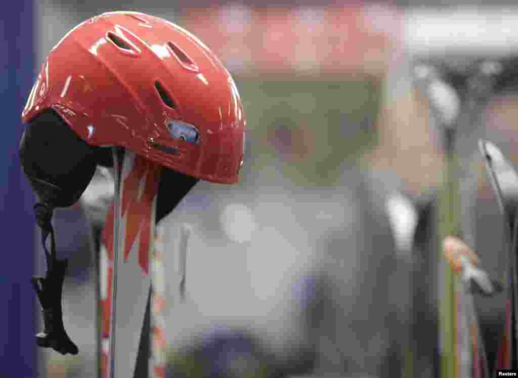 A ski helmet is pictured in a sports shop in the Tyrolean ski resort of Hochoetz, Austria. Michael Schumacher's helmet almost certainly saved his life and leisure skiers should always wear head protection, said the man behind the main safety measures in Alpine skiing.