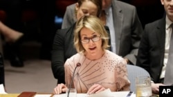 United States ambassador to the United Nations Kelly Craft speaks during a Security Council meeting at United Nations headquarters in New York, Feb. 11, 2020. 