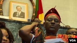 FILE - Opposition lawmaker Joseph Mbah Ndam is seen on the rostrum complaining about anglophone marginalization, in Yaounde, Cameroon, April 4, 2017.