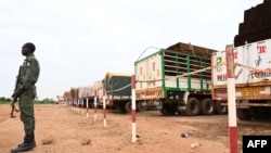 Un policier nigérien monte la garde à côté de quelques-uns des 300 camions principalement chargés de nourriture arrivés du Burkina Faso, à Niamey, le 21 août 2023.