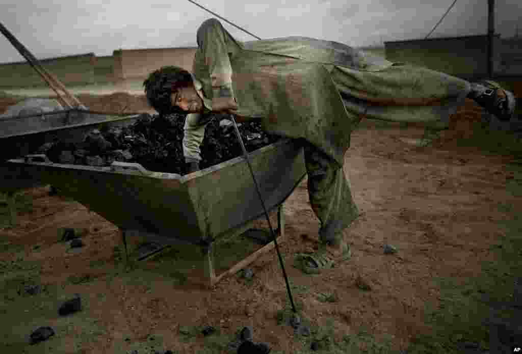 Afghan day laborer Mesbah, 12, reaches for charcoal to prepare kilns to fire bricks at a brick kiln factory on the outskirts of Kabul.