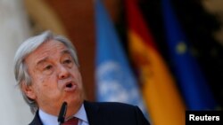FILE - U.N. Secretary-General Antonio Guterres speaks at a news conference during a visit to Madrid, Spain, July 2, 2021. 