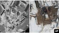 Satellite images of the nuclear complex in Yongbyon, North Korea, Sept. 20, 2011 and Feb. 3, 2012. 